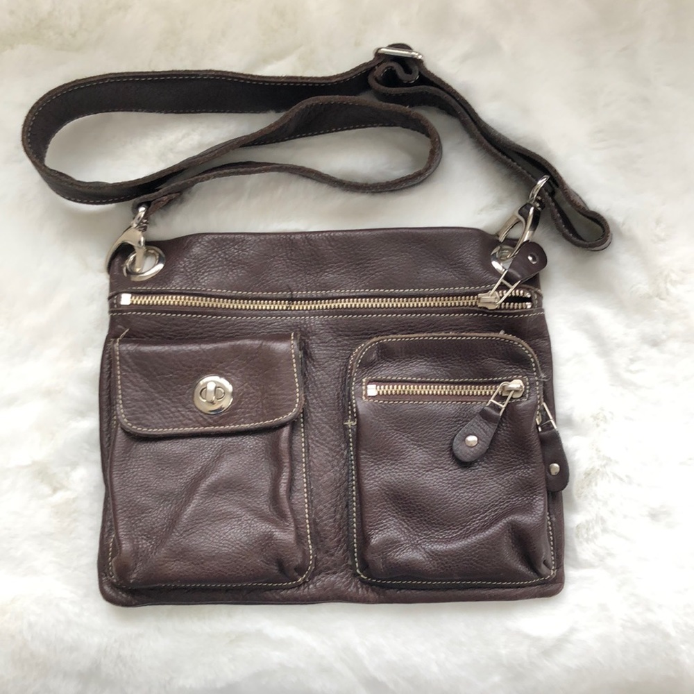 Roots chocolate brown leather crossover purse